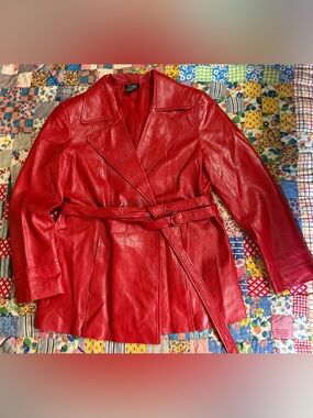 VTG 90s/Y2k Red Leather Blazer Belted Jacket Avant Garde Style XL Goth Punk